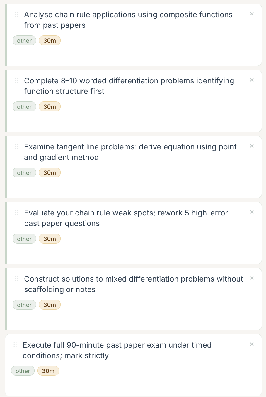 AI-generated task cards for a Calculus exam